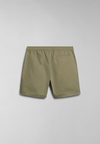 Khaki shorts with an elastic waistband, rear pocket, and a smooth texture. Features a simple design and mid-thigh length.