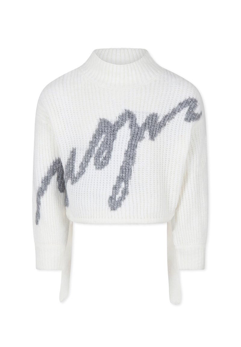 Maglione bianco corto in maglia testurizzata, con lettering grigio in corsivo sul davanti, colletto rotondo e polsini a coste.