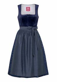 Navyblauwe jurk met een aansluitende fluwelen bovenkant en een uitlopende satijnen rok. Kenmerken zijn een gestrikte taille en een patroonstof aan de zijkanten.