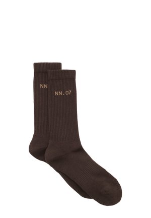 Pair of dark brown ribbed crew socks with "NN.07" text near the top on a white background.