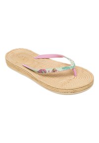 Roxy flip-flop dengan sol kaki alami yang dianyam, tali warna merah muda pastel, dan penyangga jari kaki bermotif bunga dengan aksen berbentuk hati.