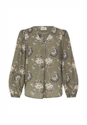 Õiekujundusega pitsiline pluus oliivirohelises toonis, tekstuurse kangaga, puffy pikkade varrukatega, V-kaelusega ja mustrilise disainiga, millel on sinised ja beežid lilled.