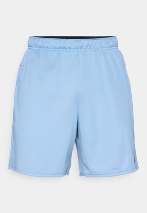 Gaiši zili sporta šorti, izgatavoti no teksturēta auduma. Ir elastīgs jostasvieds un sānu kabatas. Klasisks piegriezums ar izšūtu apakšmalu.