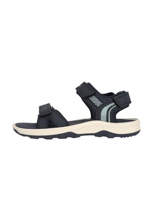 Mörkblå sandaler med justerbara remmar, texturerad ovandel och en ljusfärgad sula med ett zickzackmönster för grepp.