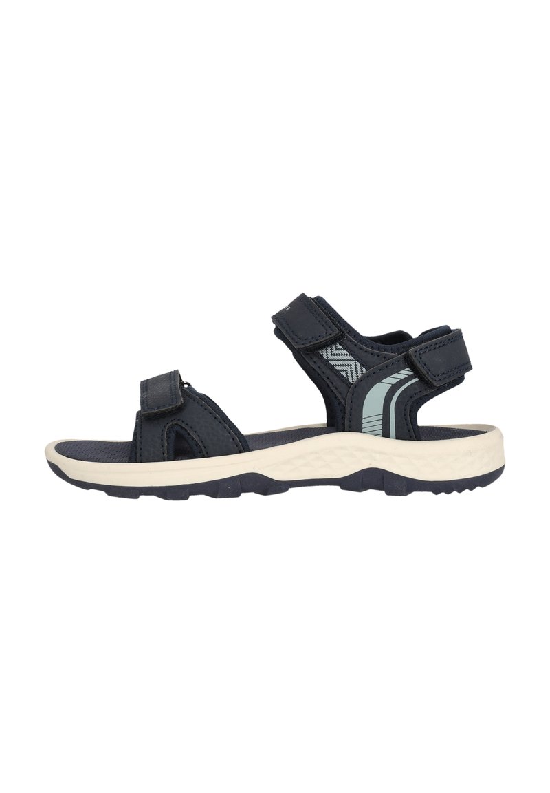Mörkblå sandaler med justerbara remmar, texturerad ovandel och en ljusfärgad sula med ett zickzackmönster för grepp.