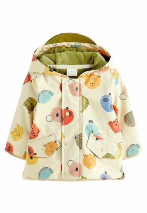 Chaqueta de bebé color crema con estampados de caras de animales multicolor, botones a presión en el frente, dos bolsillos con solapa, capucha y forro de forro polar verde.