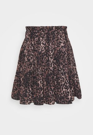 Rok met hoge taille en plooien, met een bruin-zwart luipaardprintpatroon en een elastische tailleband.
