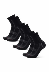 Svart strumpor med ribbade muddar, med ett grått randigt mönster och röda detaljer vid tån. Förpackning med fem par, medelhöjd, i bomullsblandning.