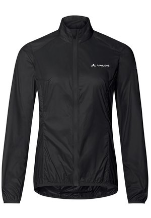 Black waterproof jacket with a high collar, front zipper, elastic cuffs, and drawstring hem; features logo on the upper left side.