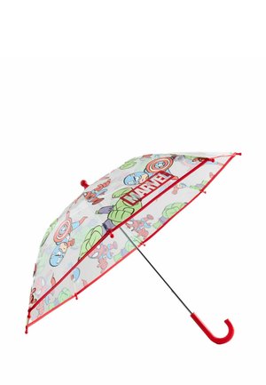 Clear umbrella with red trim and handle, decorated with cartoon Marvel superheroes including Hulk, Captain America, and Spider-Man.