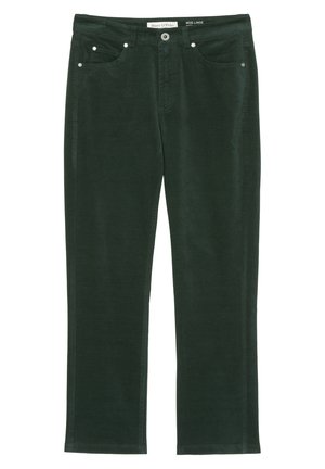 Dunkelgrüne Cordhose mit Frontknopf, Reißverschluss, Gürtelschlaufen und zwei Vordertaschen.