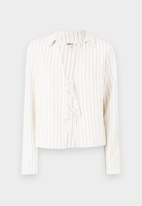 Chemise blanche à manches longues avec fines rayures verticales noires, devant ouvert avec deux liens à nouer, et petit col.