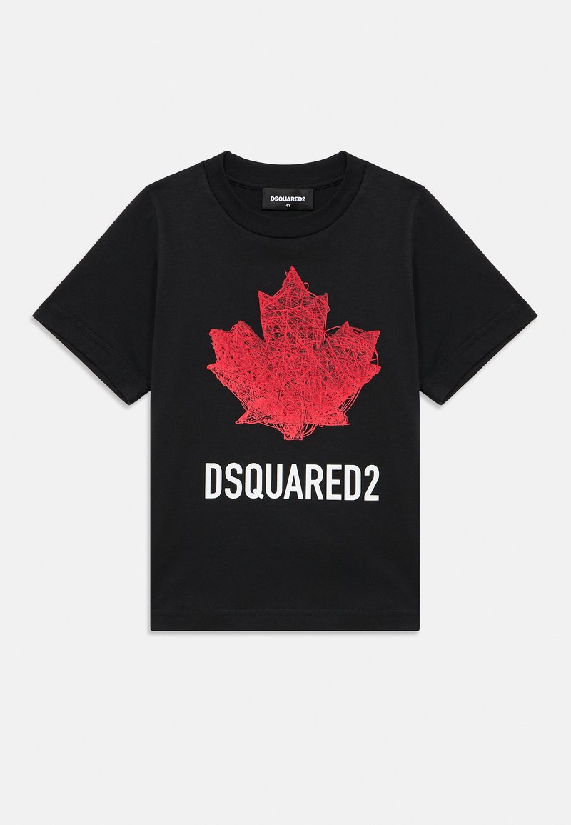 T-shirt en coton noir avec un graphique de feuille d'érable entourée en rouge et le texte "DSQUARED2" en blanc en bas. Design classique à col rond.