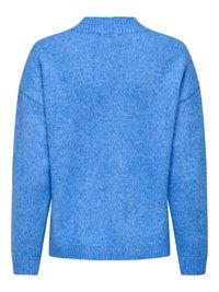Pull bleu tricoté à manches longues avec col rond côtelé, poignets et ourlet, vu de dos.