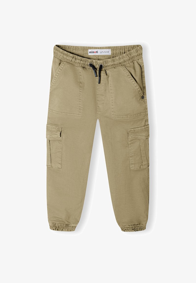 Pantalons cargo pour enfants en kaki avec taille élastique, cordon de serrage noir, poches latérales, poches cargo à rabat et poignets élastiques.