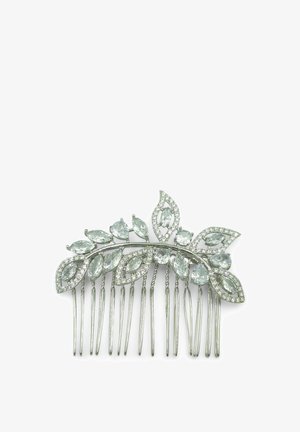 Fermacapelli argentato con motivo a foglie, arricchito da molteplici gemme trasparenti e superficie testurizzata, dotato di punte allungate per una tenuta sicura.