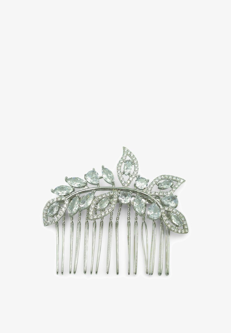 Peigne à cheveux argenté avec un motif feuillu orné de plusieurs pierres précieuses transparentes et une surface texturée, agrémenté de picots allongés pour un coiffage sécurisé.