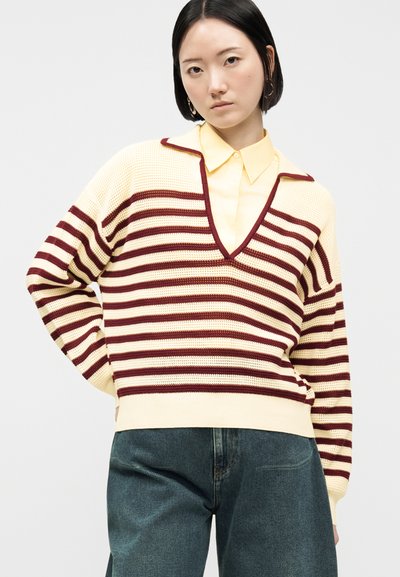 Jeune personne aux cheveux noirs portant un pull à col en V à rayures crème et bordeaux sur une chemise à col jaune pâle et un jean bleu, posant devant un fond blanc.