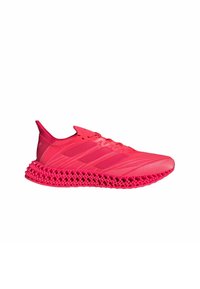 Scarpa sportiva rosa shocking con tomaia testurizzata, design a tre strisce e una distintiva intersuola a reticolo per un migliore ammortizzamento.