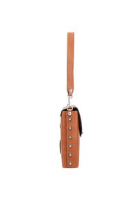 Borsa in pelle marrone con tracolla removibile, forma rettangolare, dettagli in argento a forma di raggio di sole sui lati e superficie liscia e strutturata.
