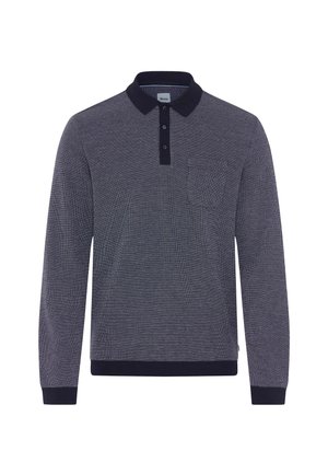 Marineblaues Langarm-Polohemd mit strukturiertem Muster, gerippter Kragen, Drei-Knopf-Leiste und einer linken Brusttasche. Horizontal gestreiftes Design.
