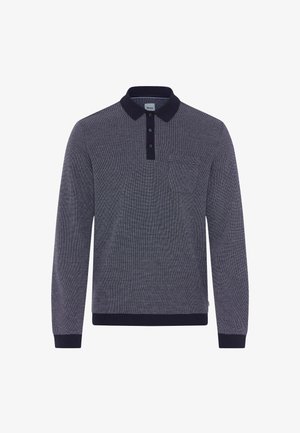 Marineblaues Langarm-Polohemd mit strukturiertem Muster, gerippter Kragen, Drei-Knopf-Leiste und einer linken Brusttasche. Horizontal gestreiftes Design.