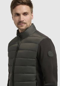 Mørkegrønne pufferjakke med høj krave, med quilted tekstur og sorte strikkede ærmer. Inkluderer et rundt brandlogo på skulderen.