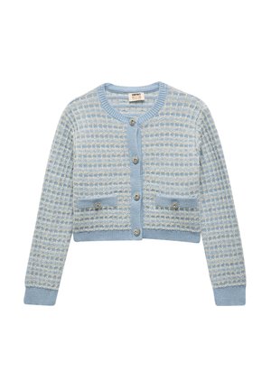 Hellesblaues, gestricktes Cardigan mit einem strukturierten Karomuster, silbernen Knopfverschlüssen und zwei Fronttaschen. Abgerundeter Halsausschnitt und lange Ärmel.