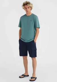 Camiseta de algodón en un azul claro con mangas cortas y cuello redondo, combinada con pantalones cortos de carga en color azul marino con bolsillos laterales y chanclas de textura.