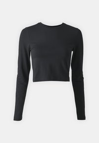 Svart, kortermet skjorte med lange ermer laget av myk, elastisk stoff. Har rund hals og tettsittende ermer, med ensfarget design uten mønstre.