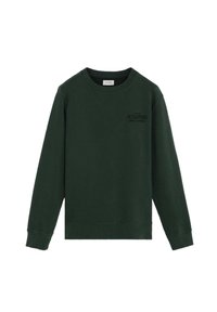 Sudadera de algodón verde con mangas largas, cuello redondo y un sutil logo en la parte frontal, que presenta una textura suave y un ajuste regular.