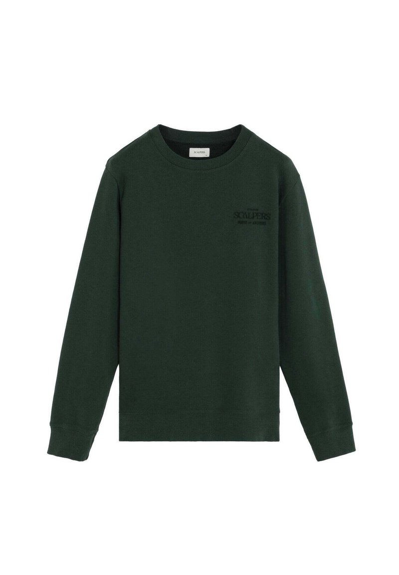 Sudadera de algodón verde con mangas largas, cuello redondo y un sutil logo en la parte frontal, que presenta una textura suave y un ajuste regular.