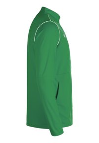 Grünes langärmliges Sportoberteil mit hohem Kragen, leichtem Stoff und weißen Akzenten an den Schultern für verbesserte Sichtbarkeit.