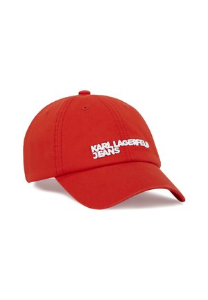 Gorra de béisbol roja con el logo bordado en blanco "KARL LAGERFELD JEANS" en el frente, con ojales de ventilación cosidos y visera curva.