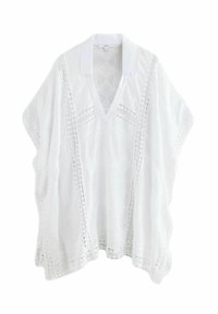 Tunique légère blanche avec un col en V, des manches courtes, un col et des détails en dentelle complexes sur les côtés et l'ourlet. Tissu texturé avec des motifs subtils.