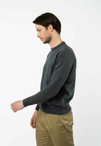Kreidegrauer Rundhalsausschnitt-Pullover aus weichem Strickstoff mit gerippten Bündchen und Saum; getragen mit hellbraunen Chinos.
