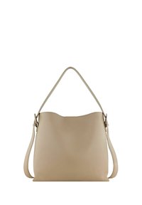 Borsa a tracolla in pelle beige con texture liscia, design morbidamente strutturato, parte superiore curva e una singola tracolla regolabile.