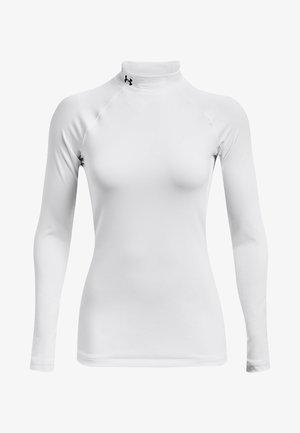 Camisa atlética de manga larga blanca con cuello alto, hecha de una tela suave y elástica; presenta mangas raglán y un pequeño logotipo negro.
