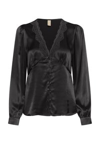 Blusa nera di satin con maniche lunghe, scollatura a V decorata con pizzo, chiusura frontale a bottoni e texture liscia. Senza pattern né accentuazioni.