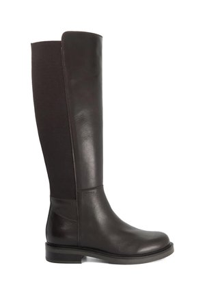 Botte haute en cuir noir avec un panneau en tissu élastique à l'arrière, bout rond et petit talon empilé.
