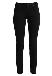 Jeans de mezclilla negra con corte ajustado, que cuentan con cinco bolsillos, cierre frontal de botón y una textura suave y ligeramente elástica.