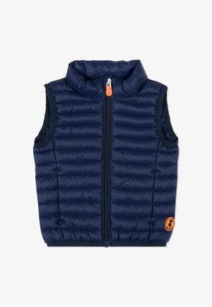 Donkerblauw gewatteerd mouwloos vest met voorrits en oranje ritstrekker, voorzien van een klein oranje cirkelvormig logo vlak bij de zoom.