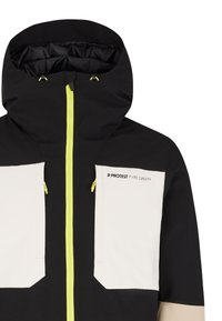 Veste à capuche noire et beige avec une fermeture éclair et des poches avant jaune vif, portant la marque "Protest Pyre Green" sur le côté gauche de la poitrine.