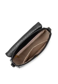 Borsa in pelle nera con motivo a coccodrillo e interno beige, dotata di chiusura con zip e numerosi scompartimenti per l'organizzazione.