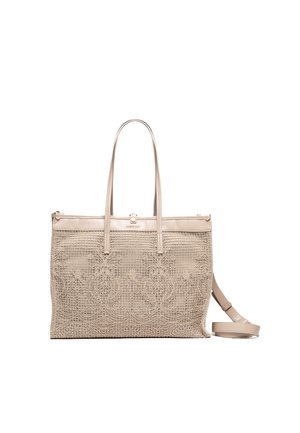 Borsa tote beige con ricamo floreale intricato simile a pizzo, doppi manici superiori e tracolla regolabile.