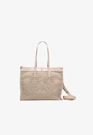 Borsa tote beige con ricamo floreale intricato simile a pizzo, doppi manici superiori e tracolla regolabile.