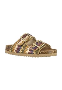 Sandal a infradito con punta aperta, superiore intrecciato multicolore a motivo zigzag, fibbie in tono oro e suola esterna texturizzata marrone.