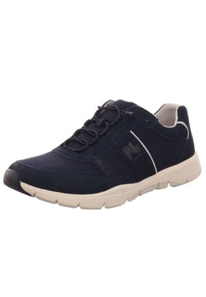 Marineblauwe sportschoenen met bovenwerk van mesh en suede, rubberen zool, ronde neus en vetersysteem. Voorzien van contrasterende witte accenten.
