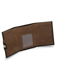 Brown leather wallet with a black exterior, featuring card slots, a clear ID window, and stitched detailing. Opens to reveal interior structure.