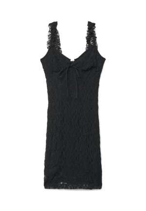 Abito nero senza maniche in pizzo con spalline arricciate e fiocco annodato sul davanti, lunghezza al ginocchio e aderente.